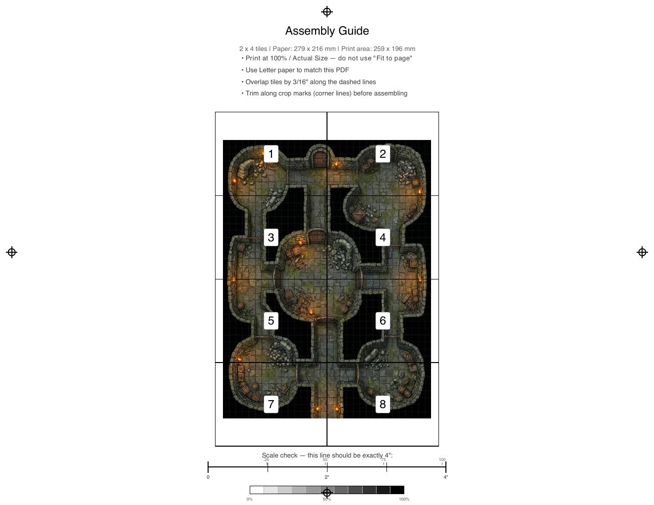 Print-ready battle map PDF tiled across A4 pages with the grid, crop marks and a scale-check ruler