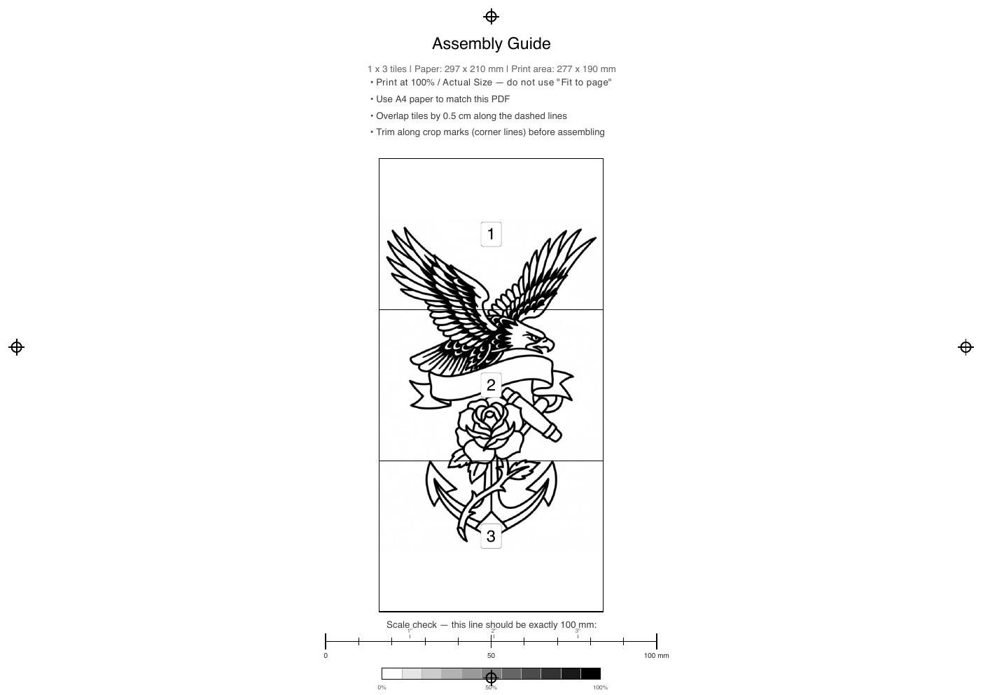 The print-ready PDF GridPrint generates: the design tiled across A4 pages with crop marks, overlap guides and a scale-check ruler