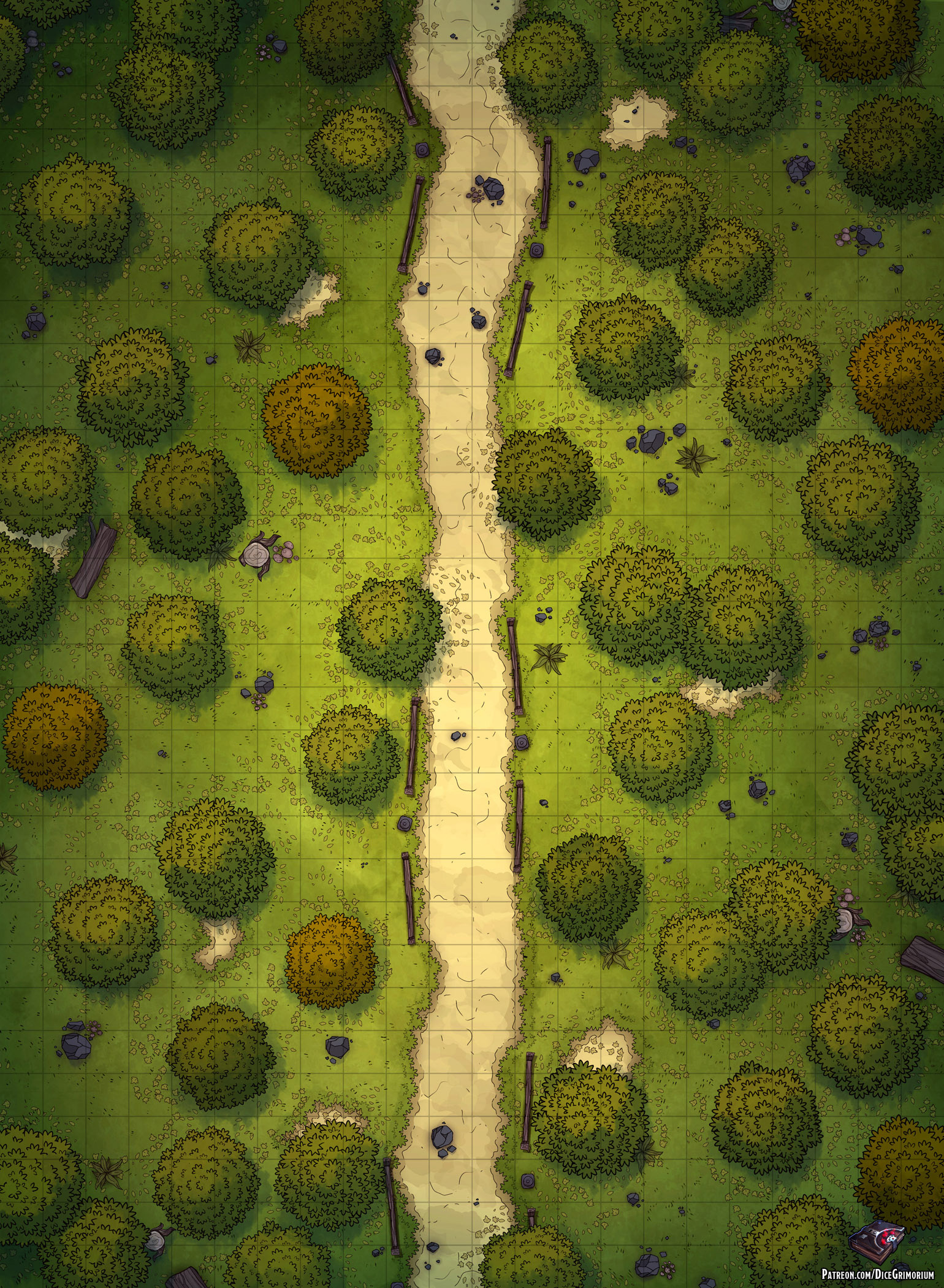 Forest road battle map with a 1-inch grid, ready for printing
